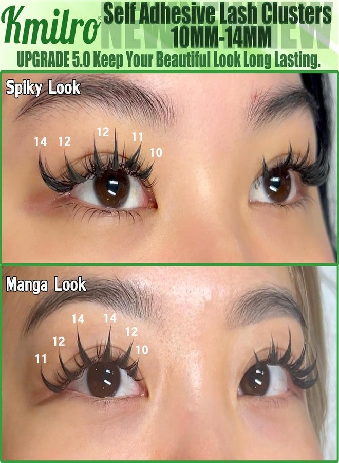 kmilro Self Adhesive Eyelashes 10-14mm Manga Self Adhesive Lash Clusters Spiky Pre Glued Lashes Anime Press on Lashes No Glue Needed Wispy Reusable DIY Cluster Eyelash Extensions Kit with Tweezers, by Kmilro - Image 2